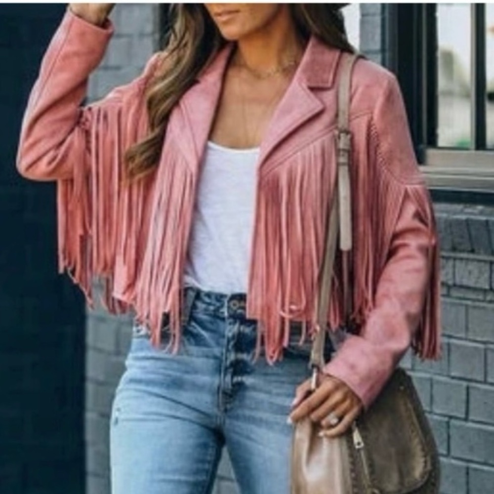 VICI - LAWLESS Fringe Faux Suede Cropped Jacket - Dusty Pink